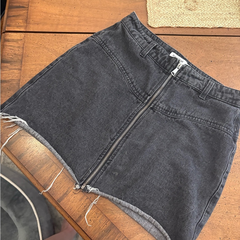 Pull&Bear Black Denim Mini Skirt with Front Zipper